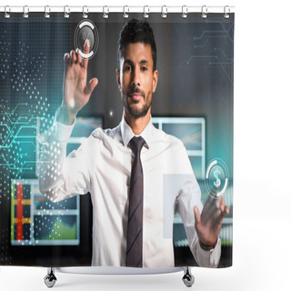Personality  Selective Focus Of Handsome Bi-racial Trader Pointing With Fingers Near Computers  Shower Curtains