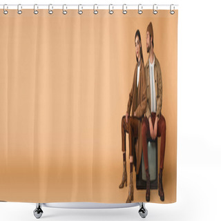 Personality  Young Couple In Trendy Autumn Outfit Sitting On Vintage Tv Set On Beige Background, Banner Shower Curtains