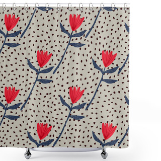 Personality  Seamless Floral Tulip Pattern In Red And Navy Blue Colors. Grey Background With Dots. Simple Design. Decorative Print For Wallpaper, Wrapping Paper, Textile Print, Fabric. Vector Illustration. Shower Curtains
