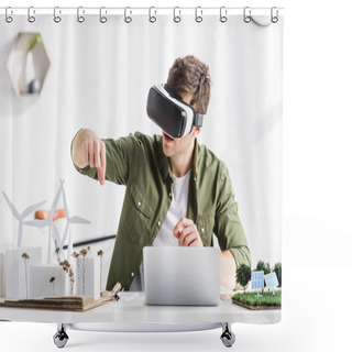 Personality  Architect In Black Virtual Reality Headset Sitting At Table With Laptop And Windmills, Buildings, Trees, Solar Panels Models In Office Shower Curtains