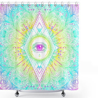 Personality  Sacred Geometry Symbol With All Seeing Eye In Acid Colors. Mysti Shower Curtains