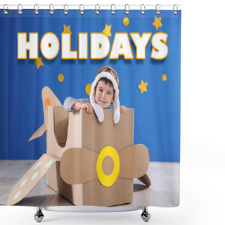 Personality  School Holidays. Cute Little Child Playing With Cardboard Plane Near Blue Wall Shower Curtains
