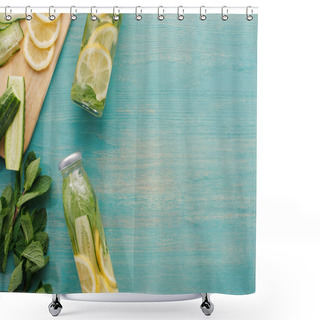 Personality  Top View Of Detox Drink In Bottles With Lemon And Cucumber Slices And Mint Shower Curtains