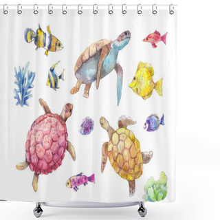 Personality  Set Of Sea Turtles, Marine Fish And Algae Watercolor Shower Curtains