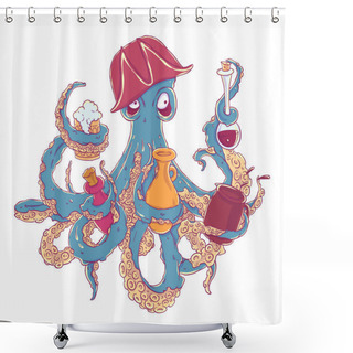 Personality  Drunk Octopus-pirate With A Drink In The Tentacles. Drunkard In A Cocked Hat Askew. Vector Illustration Isolated On White. T-shirt Printing. Shower Curtains