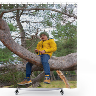 Personality  Boy Sitting On A Tree Branch Wearing A Yellow Coat Shower Curtains