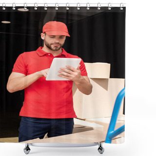 Personality  Portrait Of Delivery Man In Red Uniform Using Digital Tablet Shower Curtains