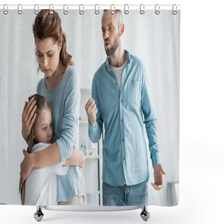 Personality  Upset Mother Hugging Daughter While Angry Man Showing Fist At Home  Shower Curtains