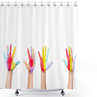 Personality  Cropped Image Of Schoolchildren Showing Painted Colorful Hands Isolated On White Shower Curtains