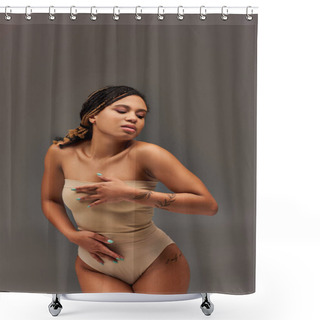 Personality  Young Attractive African American Woman In Beige Pastel Underwear Posing Seriously, Fashion Concept Shower Curtains