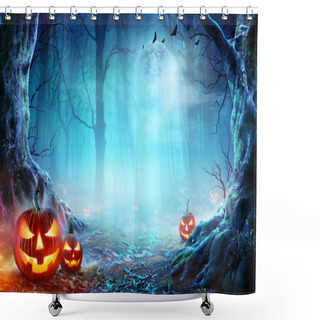 Personality  Jack O Lanterns In Spooky Forest At Moonlight - Halloween Shower Curtains