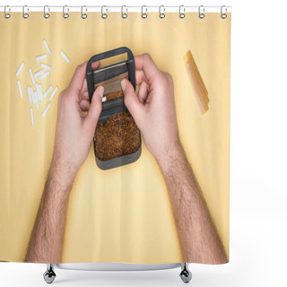 Personality  Partial View Of Man Holding Snuffbox In Hands Isolated On Yellow Shower Curtains