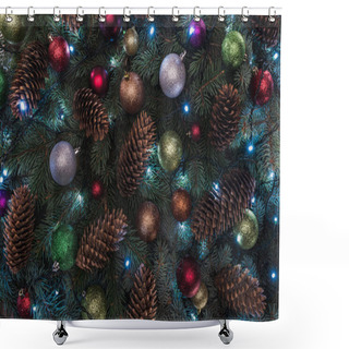 Personality  Close-up View Of Beautiful Christmas Tree With Pine Cones, Colorful Balls And Illuminated Garland  Shower Curtains