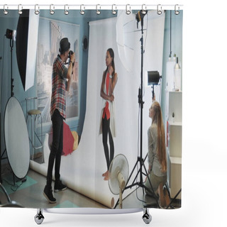 Personality  Backstage Of The Photo Session In Modern Studio: Assistant Adjusting The Spotlight On Photo Shoot Shower Curtains