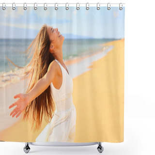 Personality  Woman On Beach Enjoying Nature Shower Curtains