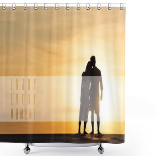 Personality  Silhouettes Of Man And Woman Hugging On Beach Against Sun During Sunset, Enjoy Every Moment Illustration Shower Curtains