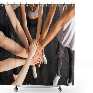 Personality  Partial View Of Young Interracial Sports People Joining Hands In Gym Shower Curtains
