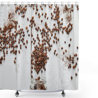 Personality  Coffee Beans Scattered On White Wooden Surface With Glass Jar Shower Curtains