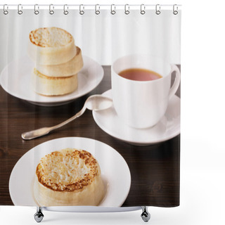 Personality  Tea And Crumpets On A Dark Wooden Table Shower Curtains