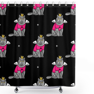 Personality  Fashionable Background With British Cats In A Pink Shirt In The Crown And Wings. Seamless Pattern With Animal.  Shower Curtains
