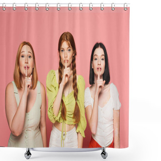 Personality  Body Positive Women Showing Secret Gesture Isolated On Pink  Shower Curtains
