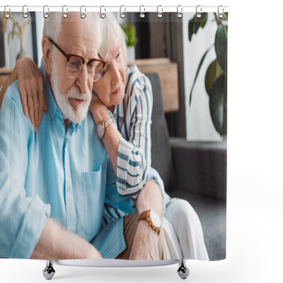 Personality  Senior Woman Hugging Sad Husband On Couch At Home Shower Curtains