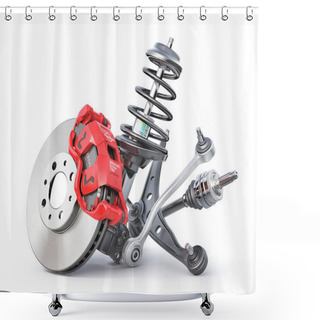 Personality  Car Brake Disk With Car Suspension Elements. Auto Parts On A White Background. 3d Illustration Shower Curtains