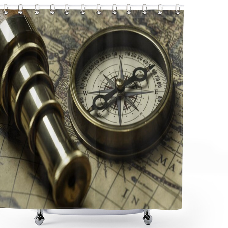 Personality  Retro compass with old map and spyglass shower curtains