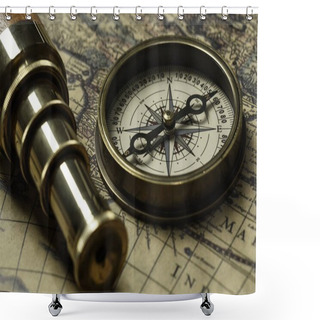 Personality  Retro Compass With Old Map And Spyglass Shower Curtains