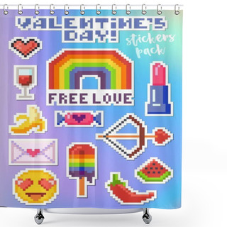 Personality  Set Of Stickers For Valentines Day. Pixel Art. Shower Curtains