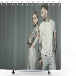 Personality  Stylish Tattooed Couple In Sportswear Posing Together, Isolated On Grey   Shower Curtains