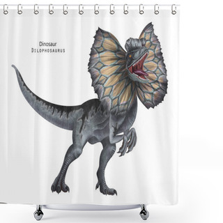 Personality  Dilophosaurus With Frill Illustration. Dinosaur With Crest On Head. Grey, Yellow Dino.  Roar Dino Shower Curtains