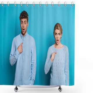 Personality  Shocked Man And Woman Pointing With Fingers At Themselves While Looking At Camera On Blue Background Shower Curtains