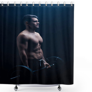 Personality  Sexy Muscular Bodybuilder With Bare Torso Excising With Barbell On Black Background Shower Curtains