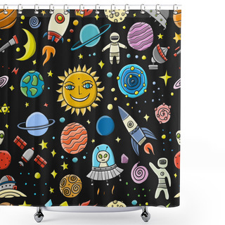 Personality  Space Background. Planets Of The Solar System. Rockets And Astronauts. Seamless Pattern For Your Design Shower Curtains