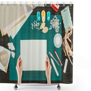 Personality  Cropped Image Of Woman Holding White Sheet Of Paper In Hands Shower Curtains