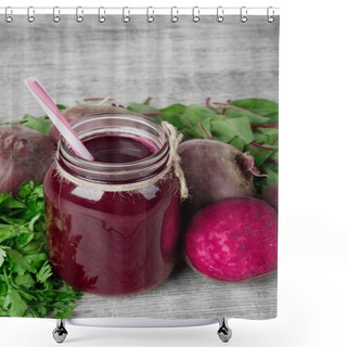 Personality  Beet Cocktail In A Glass Jar On A Wooden Background. Cut Beetroots And Greens. Healthy Vegetable Smoothie. Copy Space. Shower Curtains