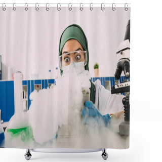Personality  Shocked Female Muslim Scientist Experimenting With Dry Ice In Laboratory Shower Curtains