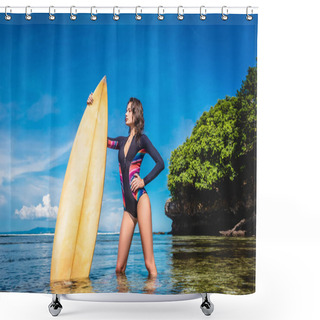 Personality  Attractive Young Woman In Wetsuit With Surfboard Posing In Ocean At Nusa Dua Beach, Bali, Indonesia Shower Curtains