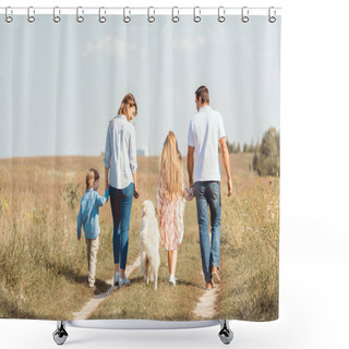 Personality  Rear View Of Family With Retriever Dog Spending Time Together In Field Shower Curtains