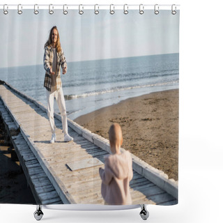 Personality  Cheerful Man Looking At Blurred Toddler Daughter On Pier Near Adriatic Sea In Italy  Shower Curtains
