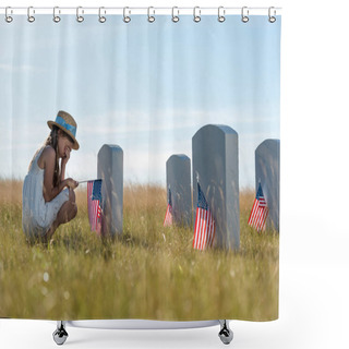 Personality  Selective Focus Of Child Covering Face While Sitting Near Headstones With American Flags  Shower Curtains