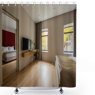 Personality  Flat Tv Screen Near Desk And Wooden Chair Next To Bedroom In Hotel  Shower Curtains
