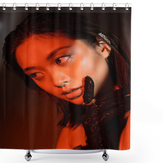 Personality  Portrait Of Alluring Asian Woman With Short Hair And Wet Hairstyle Posing In Black Glove With Golden Rings And Looking Away On Dark Background With Red Lighting, Young Model, Cuff Earring  Shower Curtains