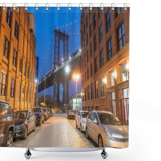 Personality  Night View Of The Empire State Building Through The Pylons Of Manhattan Bridge. View From Washington Street In Dumbo. Shower Curtains