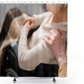 Personality  Cropped View Of Man Touching Shoulder Of Handicapped, Diseased Wife Sitting In Wheelchair Shower Curtains