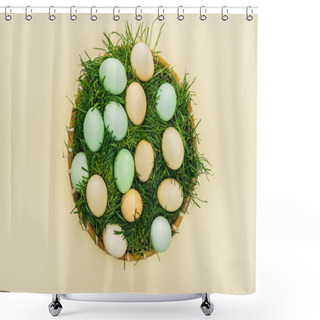Personality  Pastel Easter Eggs In Wicker Plate With Grass Isolated On Yellow Shower Curtains