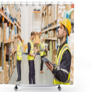 Personality  Focused Warehouse Manager Writing On Clipboard Shower Curtains