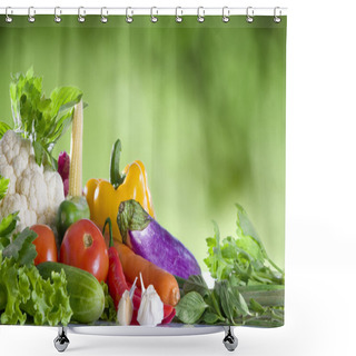 Personality  Close Up View Of Nice Fresh Vegetables On Green Summer Back Shower Curtains