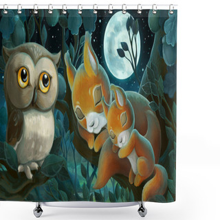Personality  Cartoon Scene With Family Of Squirrels And Owl In The Forest - Illustration For Children Shower Curtains